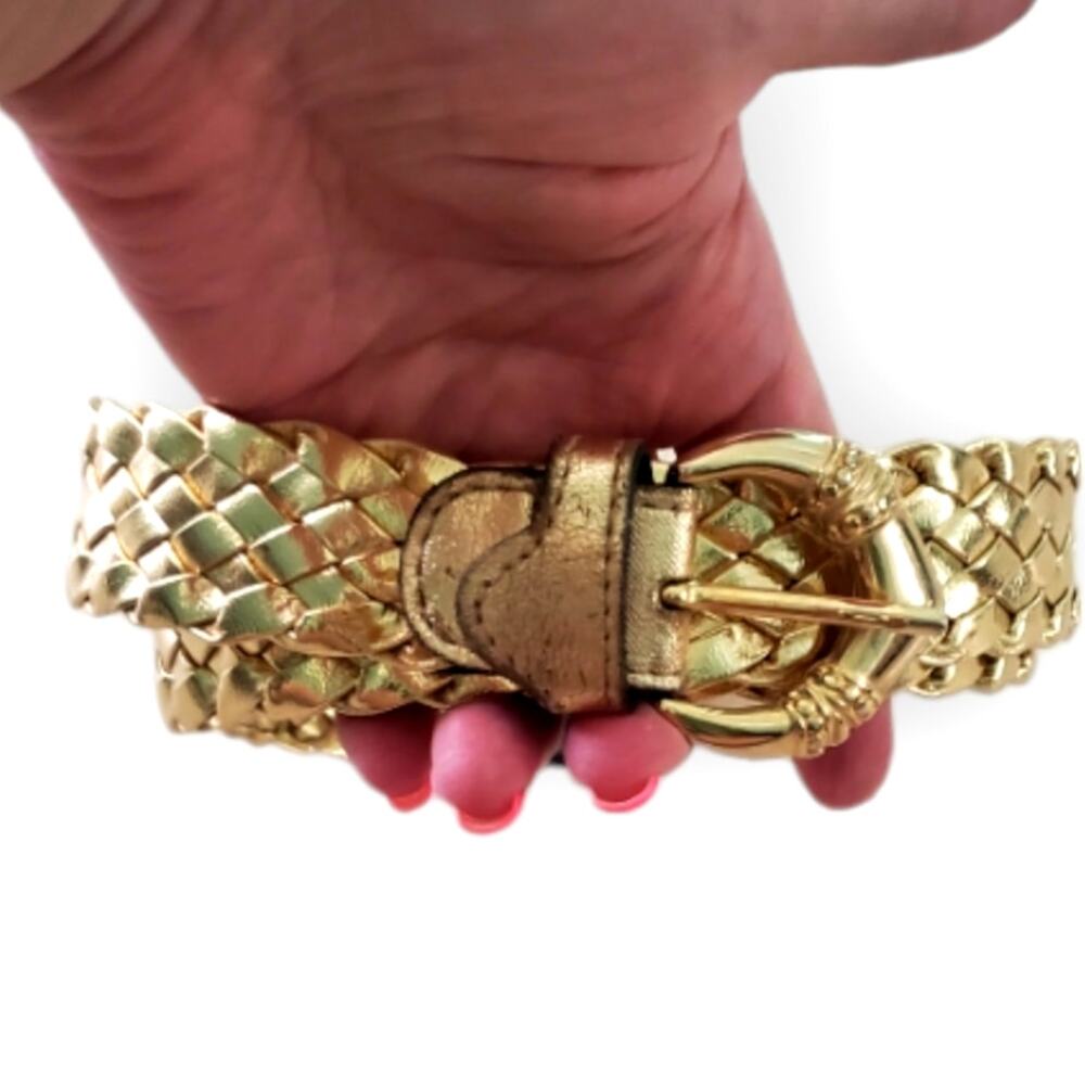 Luigi Lanatta Italy Metallic Gold Woven Leather Belt 38 Chic Elegant Timeless